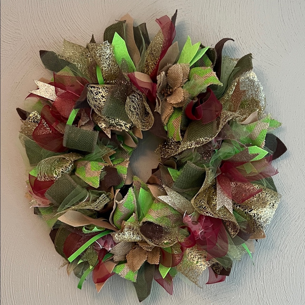Festive Green,Gold and Red Homemade Wreath